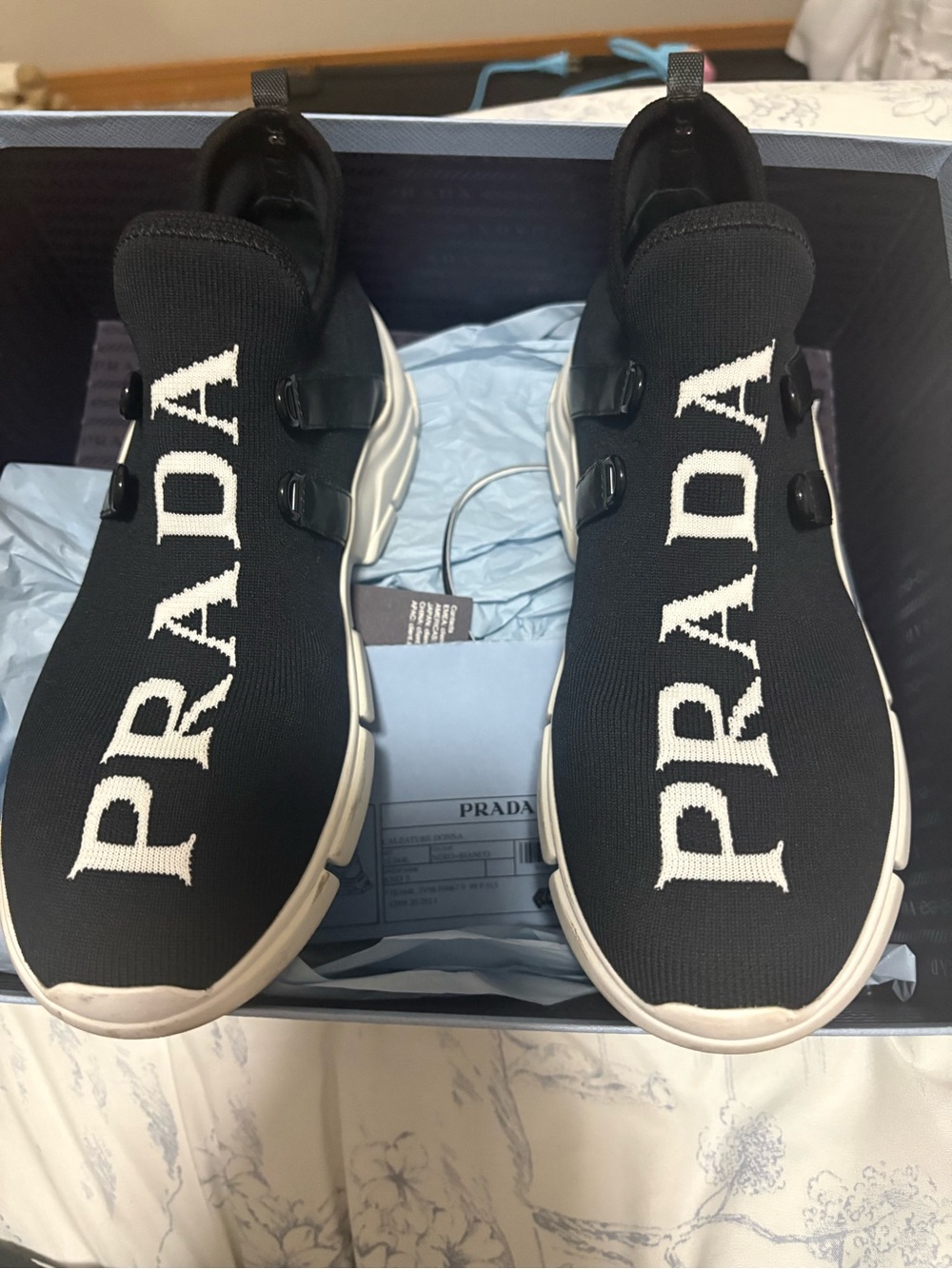 Prada womens Black Logo Knit Slip-On Sneakers